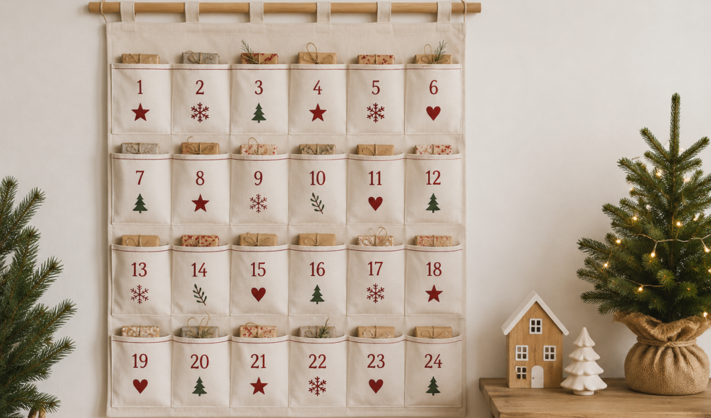 Stoff-Adventskalender zum Selbstbefüllen mit 24 nummerierten Taschen und weihnachtlicher Dekoration