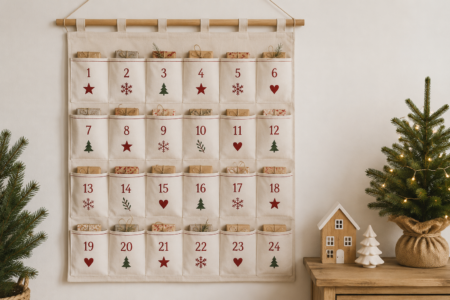 Stoff-Adventskalender zum Selbstbefüllen mit 24 nummerierten Taschen und weihnachtlicher Dekoration