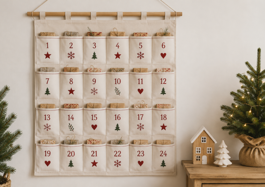 Stoff-Adventskalender zum Selbstbefüllen mit 24 nummerierten Taschen und weihnachtlicher Dekoration